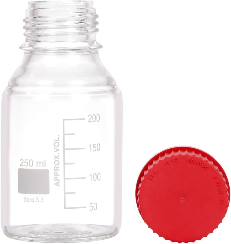 Pastein 4 Pieces 250ml Graduated Round Reagent Media Storage Lab Bottles with GL45 PBT Red Screw Cap, 3.3 Borosilicate Clear Glass - Image 2